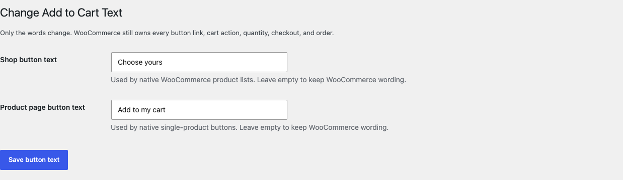 WooCommerce Add to Cart Text settings with separate shop and product-page labels