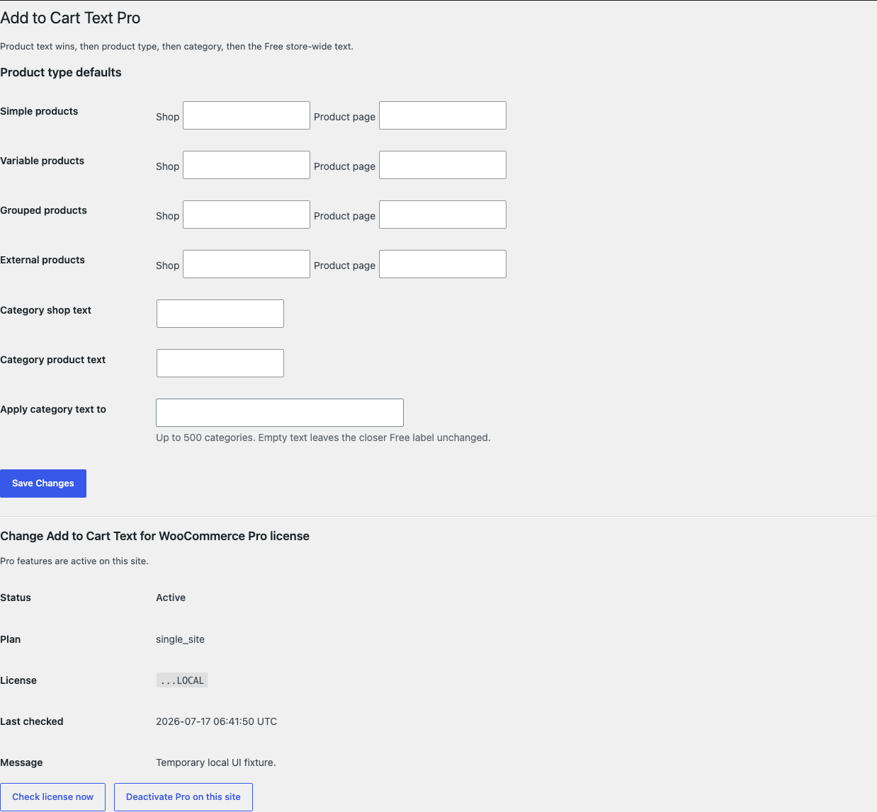 Add to Cart Text Pro settings with product-type and category labels plus license status
