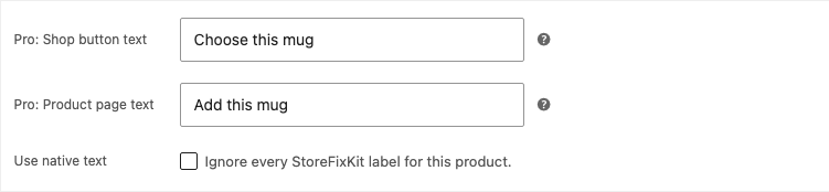 WooCommerce product settings with individual shop and product-page labels and a Use native text checkbox