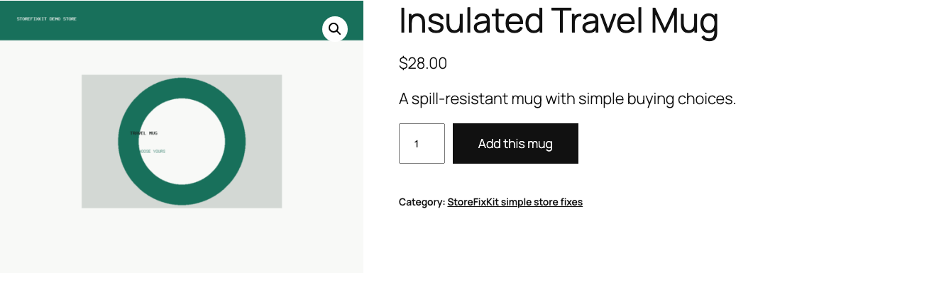 WooCommerce product page showing a customized Add to cart button label while price and quantity remain native