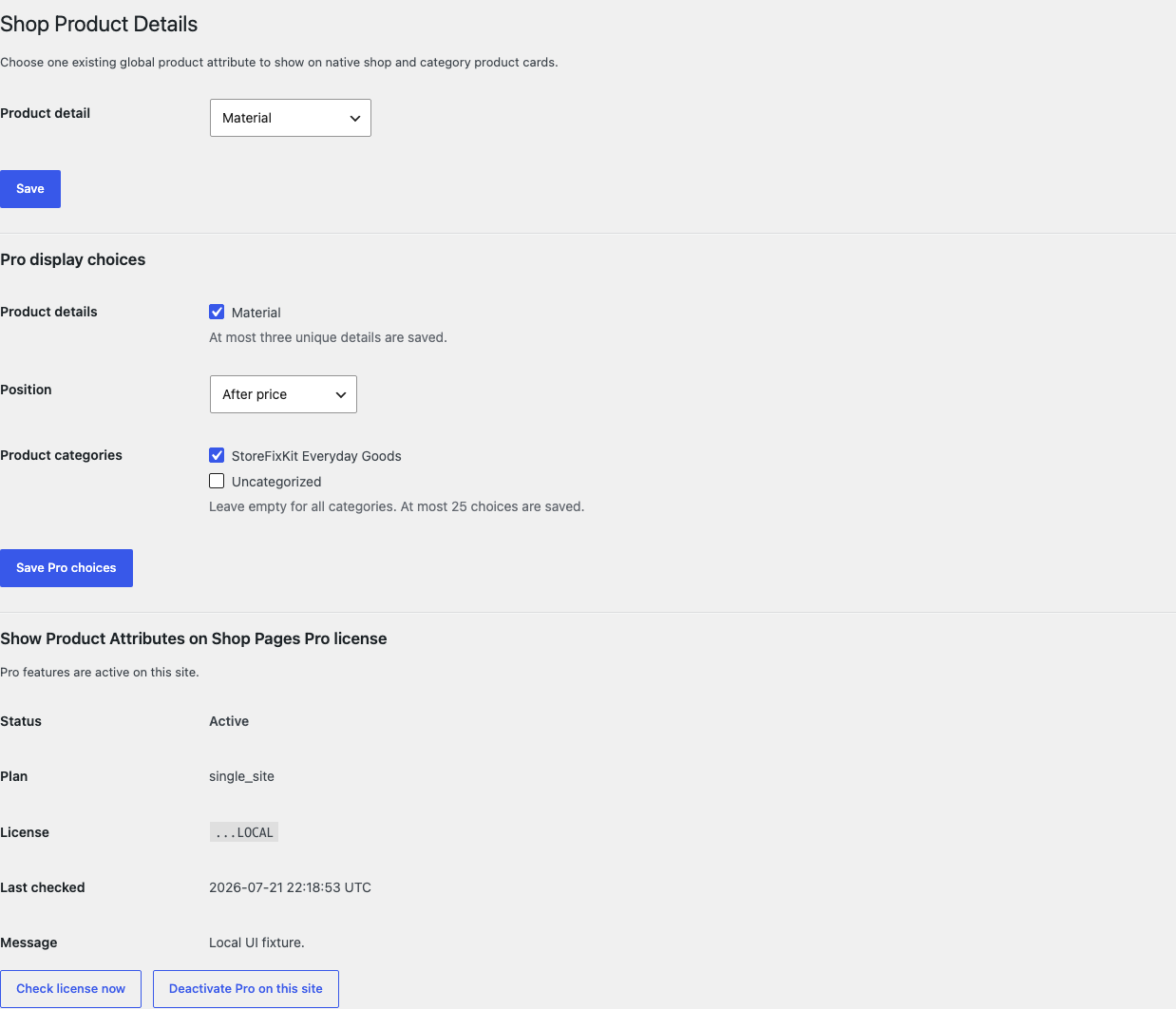 Shop Product Details settings with a selected Material attribute and Pro display choices