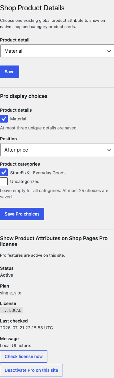 Shop Product Details settings on a phone-width screen