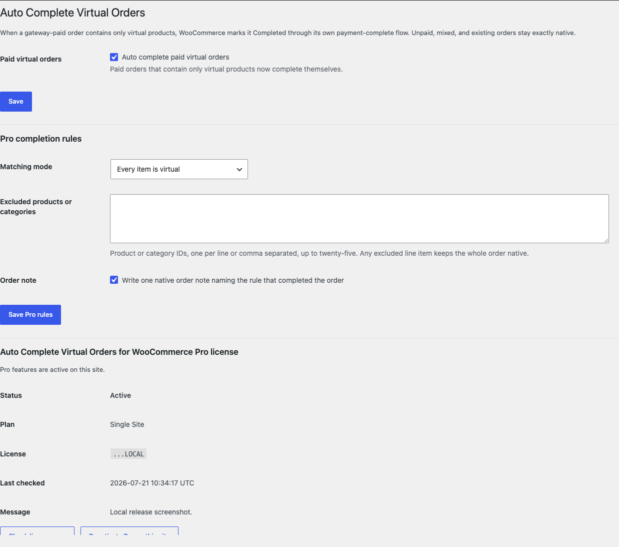 Auto Complete Virtual Orders settings with the paid virtual orders switch enabled
