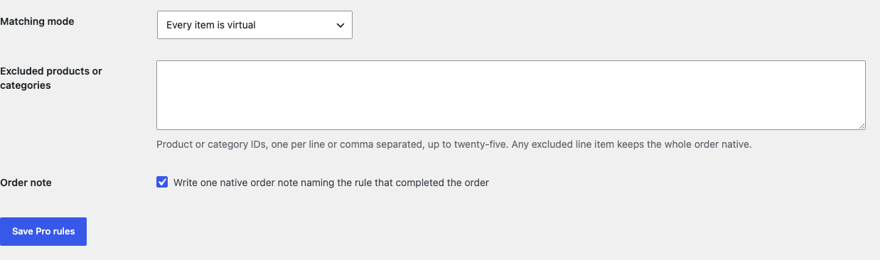 Auto Complete Virtual Orders Pro settings with a matching mode, an exclusion list, and the order note switch