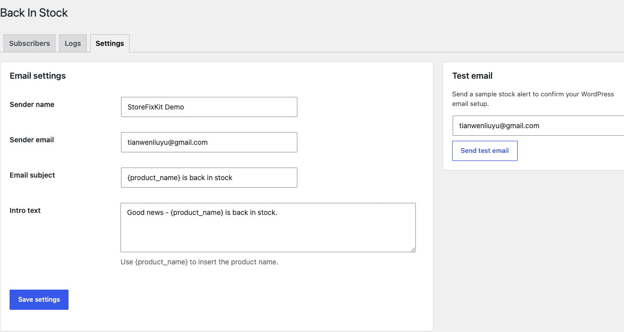 Free StoreFixKit email settings and test email panels