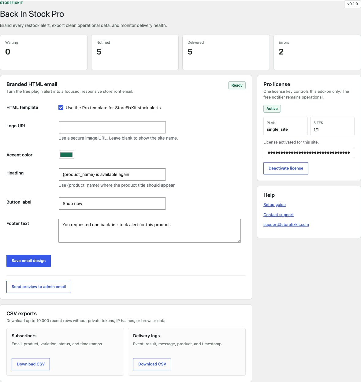 StoreFixKit Back In Stock Pro dashboard with email design, CSV exports, metrics, and an active license