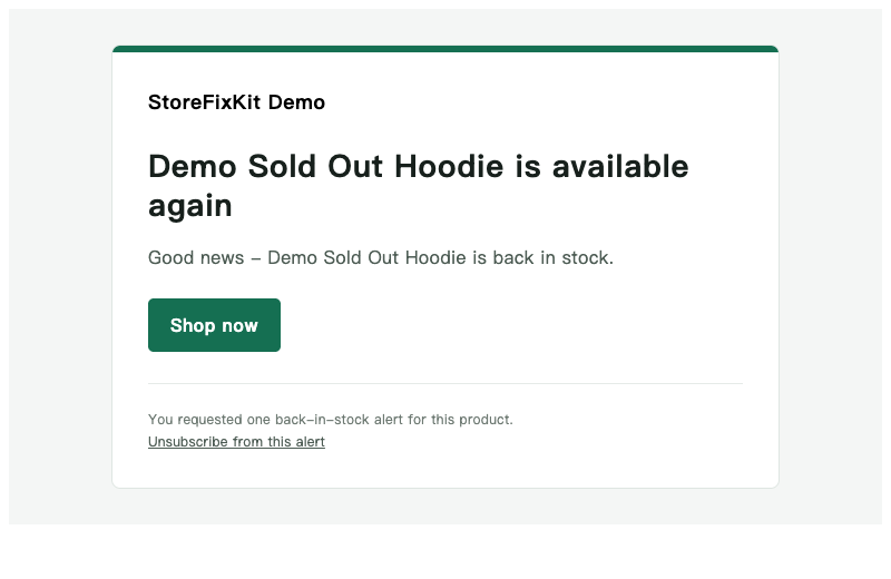 Responsive StoreFixKit Pro back-in-stock HTML email preview