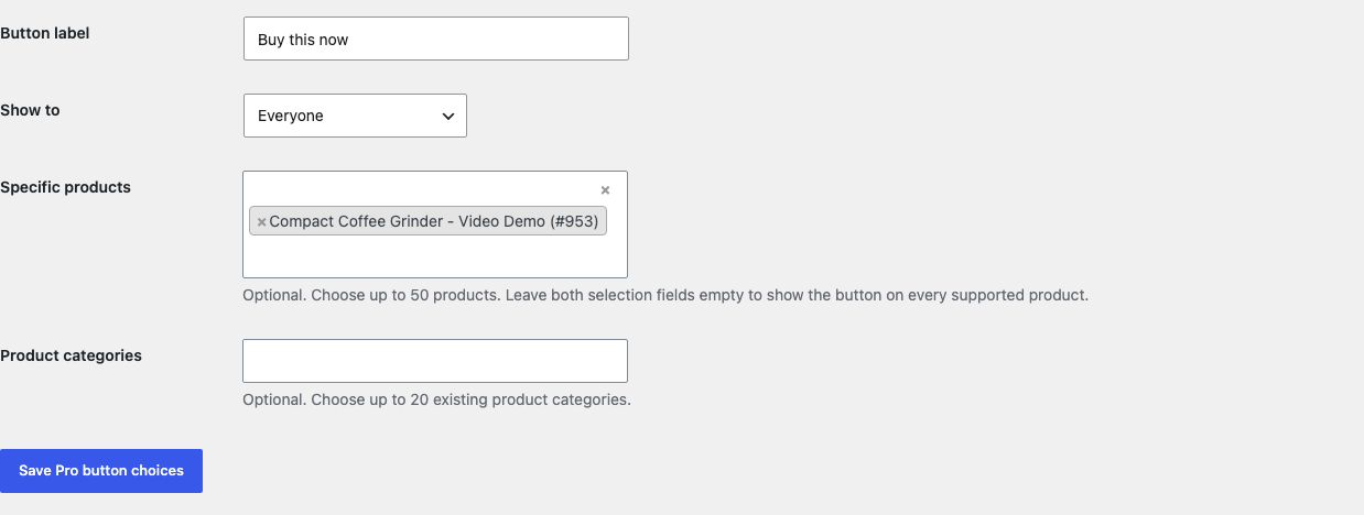 Buy Now Button Pro settings with label, audience, named products, and named categories
