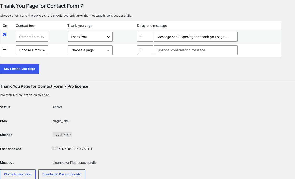 Thank You Page for Contact Form 7 settings with form and internal page selectors