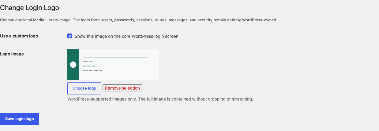 Change Login Logo settings with an enabled switch and selected image preview