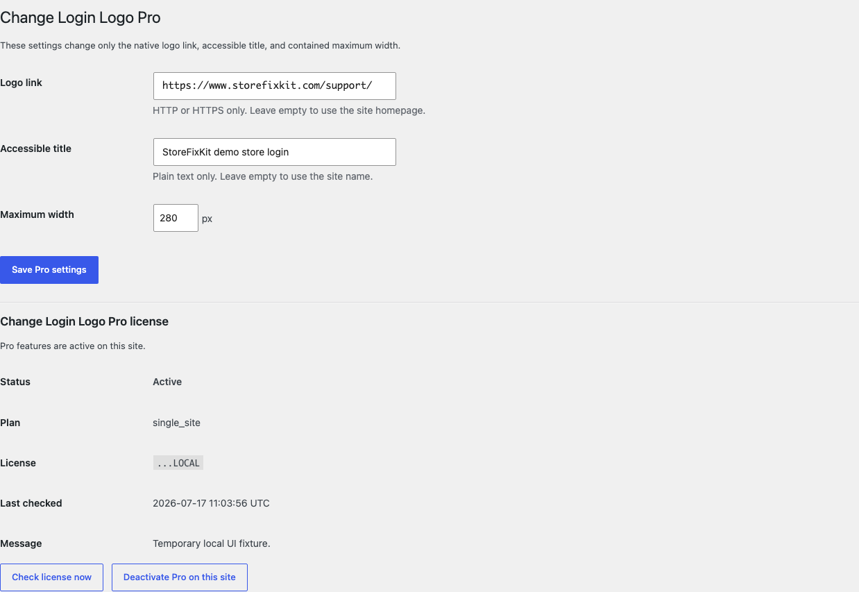Change Login Logo Pro settings with link, accessible title, and maximum width