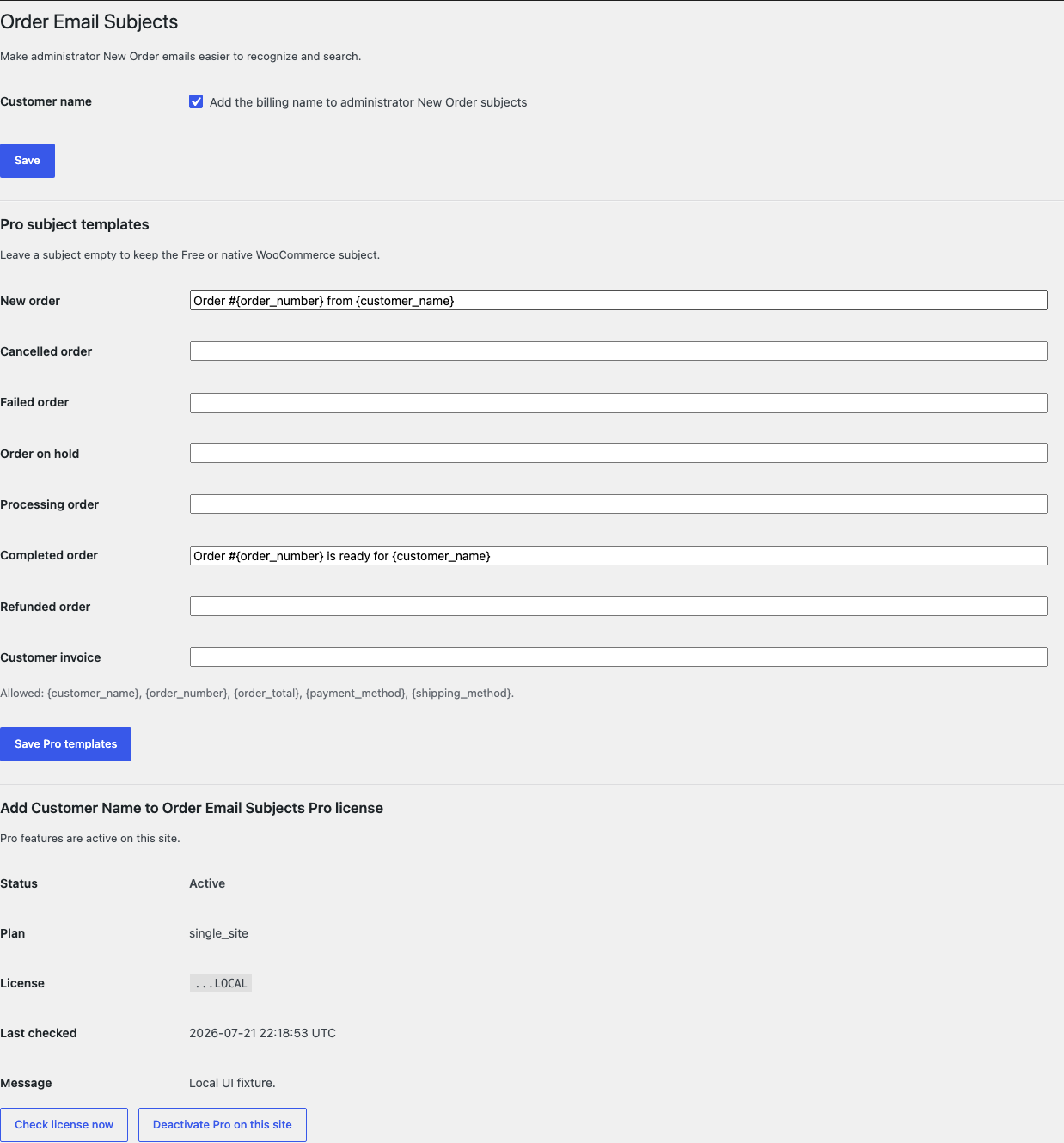 Order Email Subjects settings with the Free customer-name switch and Pro subject templates