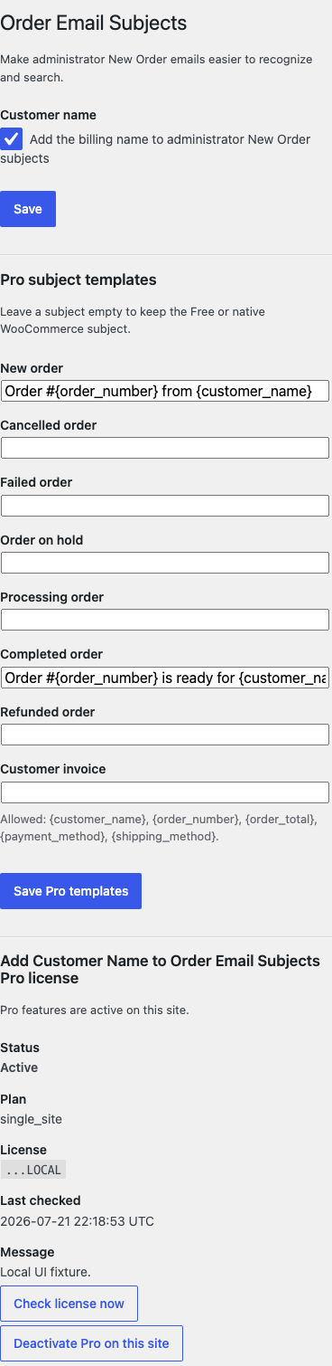 Order Email Subjects settings at a phone-width viewport