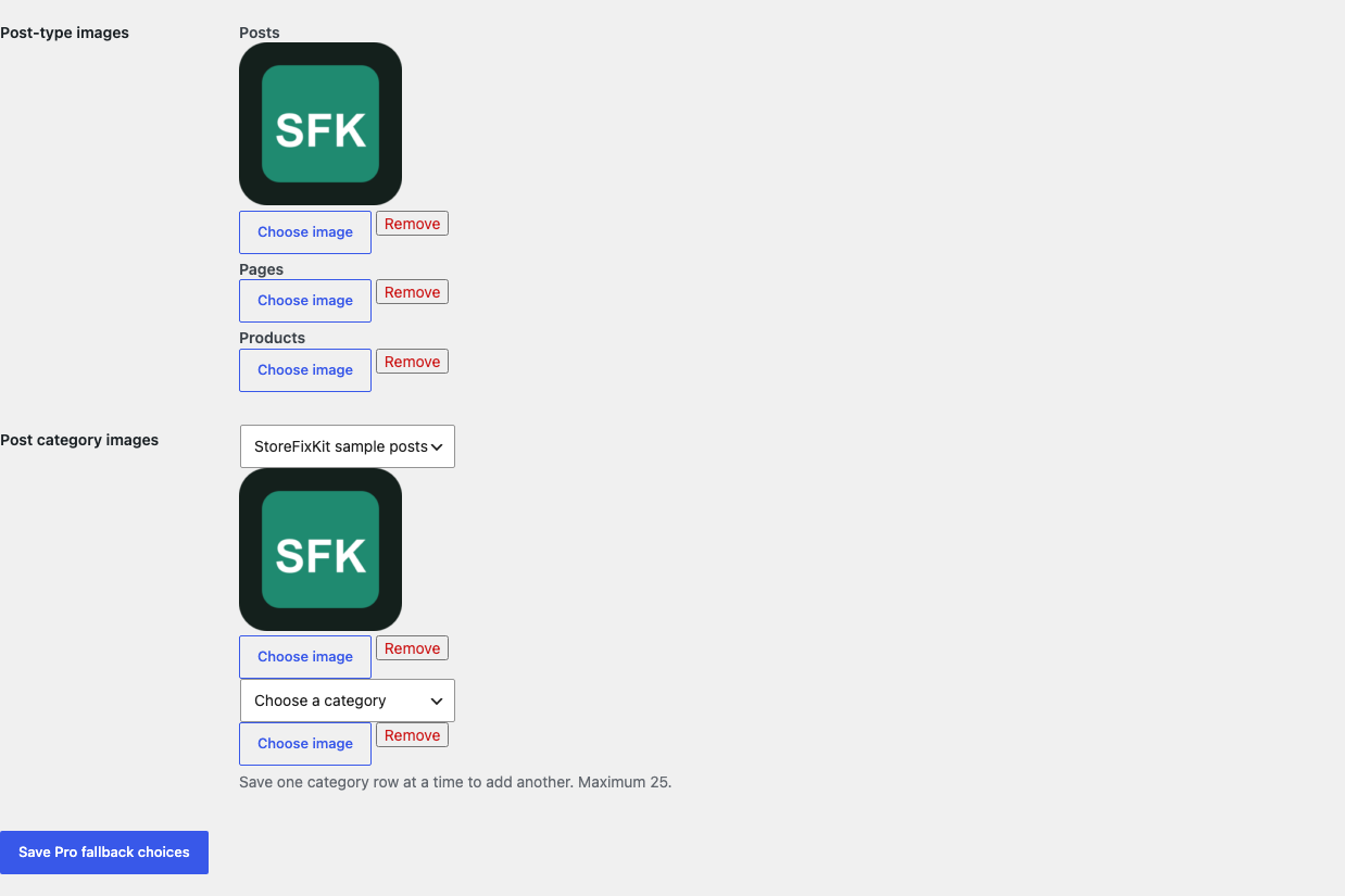 Default Featured Image Pro settings with post-type and category fallback choices