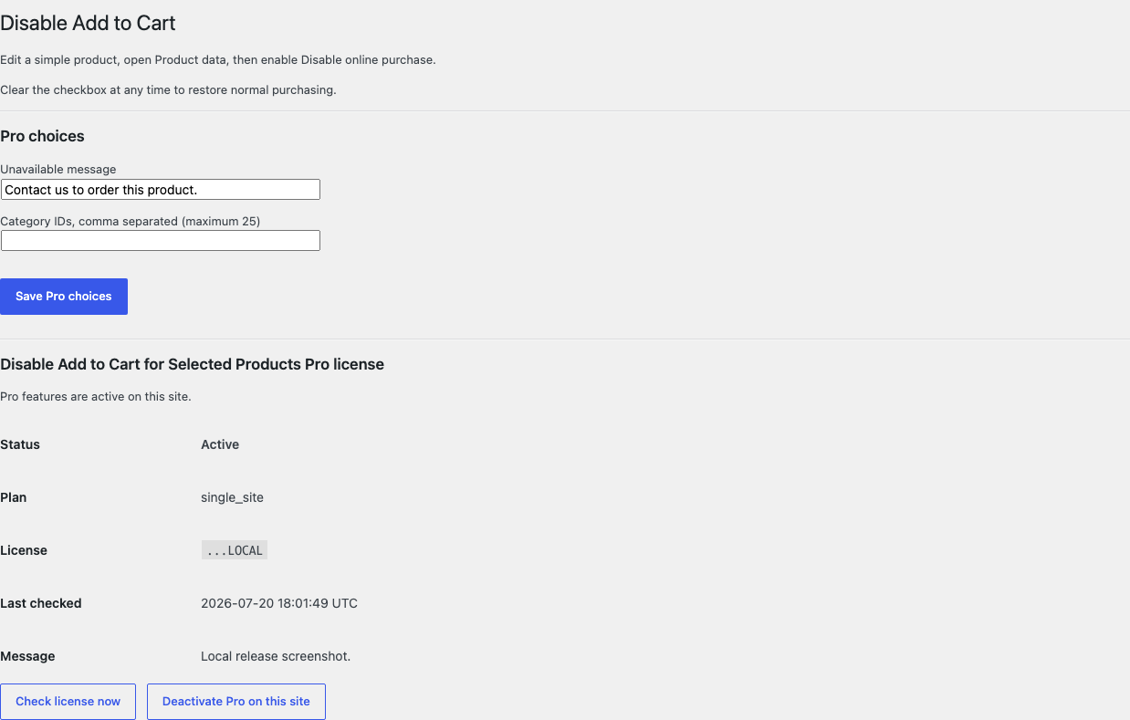 WooCommerce Disable Add to Cart page explaining the product-level setup
