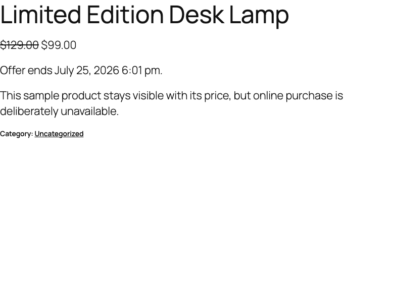 Desktop WooCommerce product page with its price visible and no purchase form