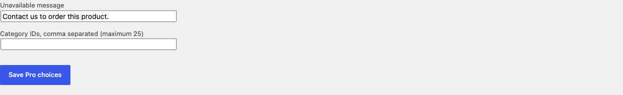 Disable Add to Cart Pro settings with an unavailable message and bounded category IDs