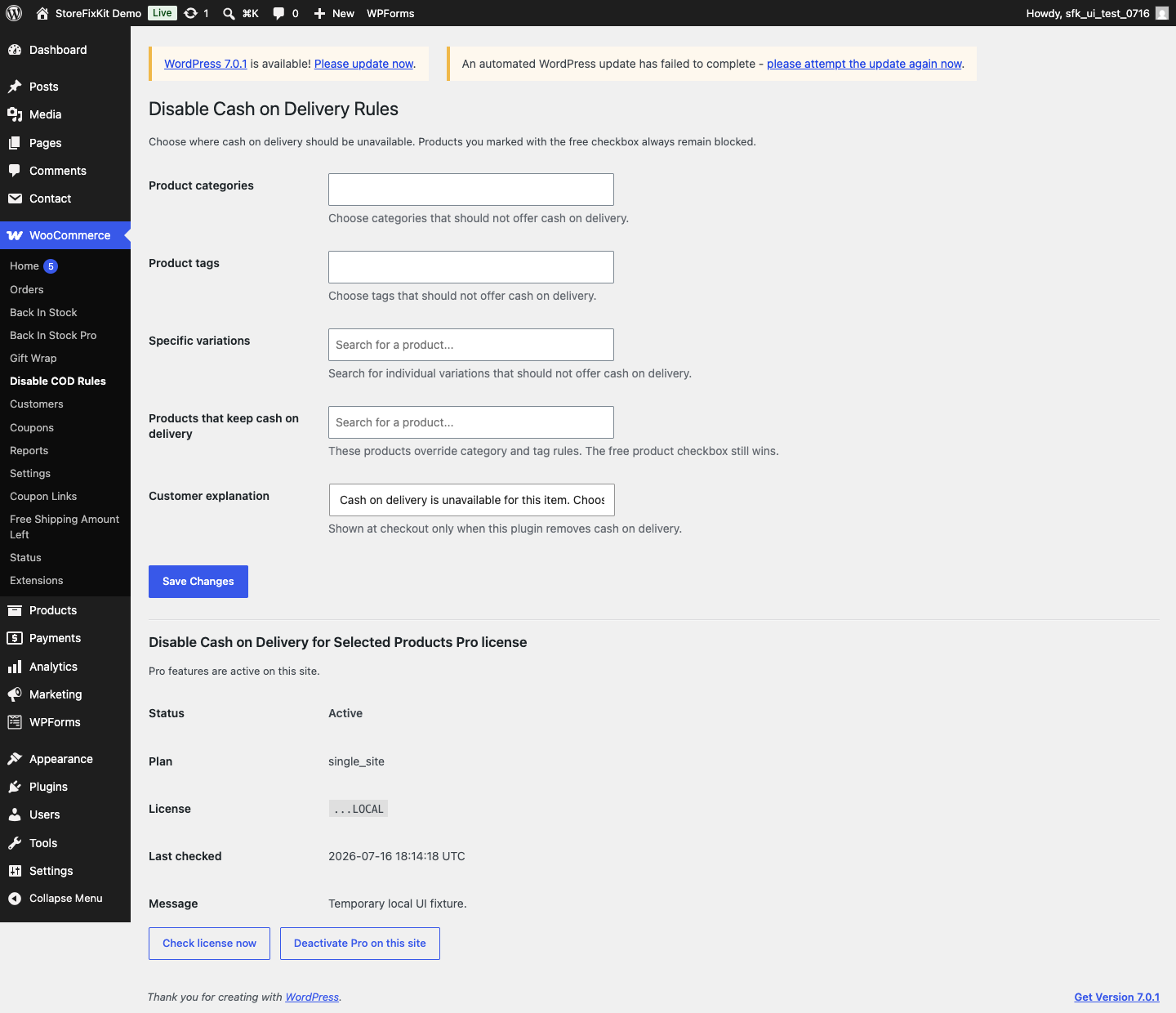 Disable Cash on Delivery Pro rules for categories, tags, variations, exceptions, and checkout explanation