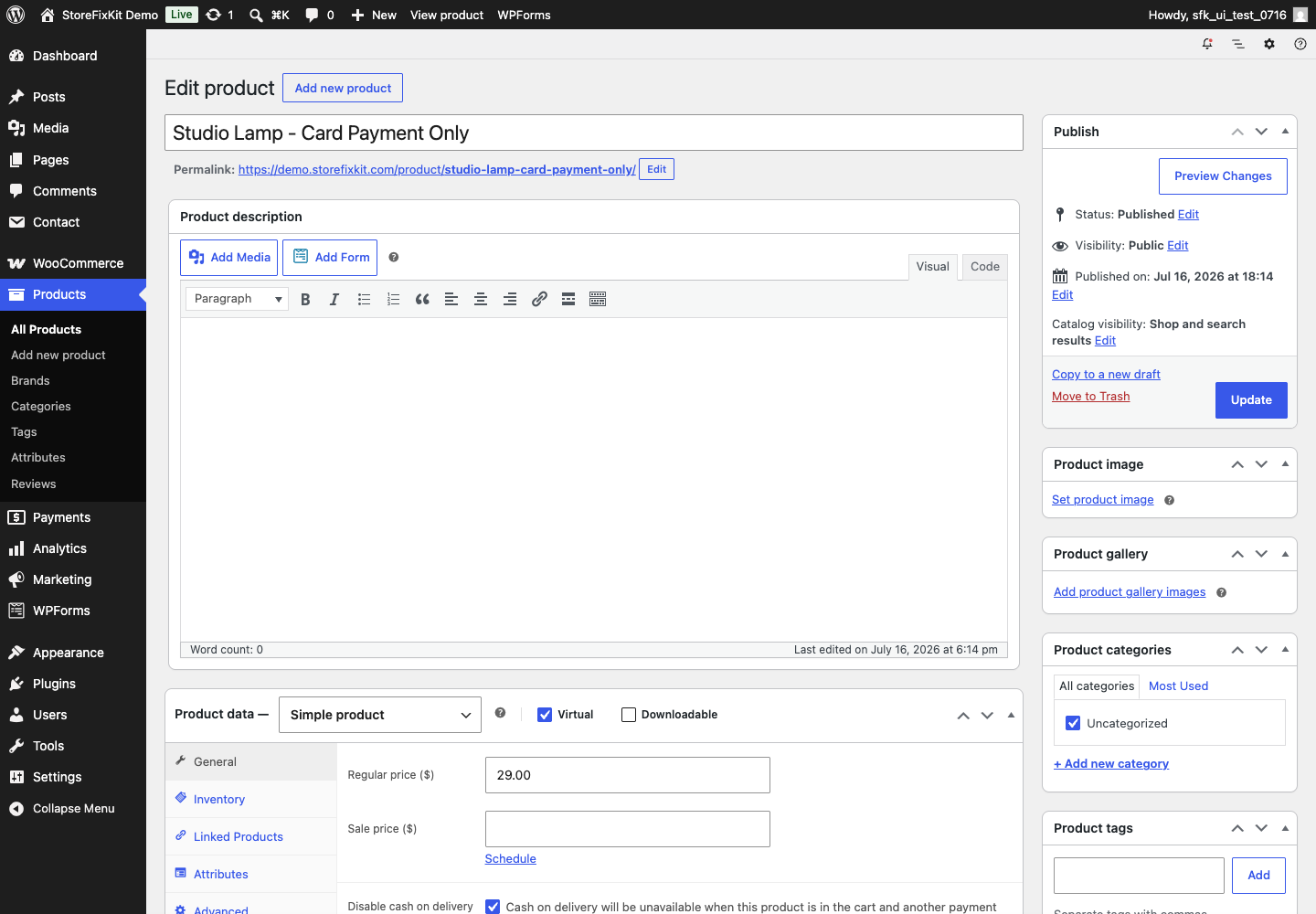 WooCommerce product editor showing the Disable cash on delivery checkbox