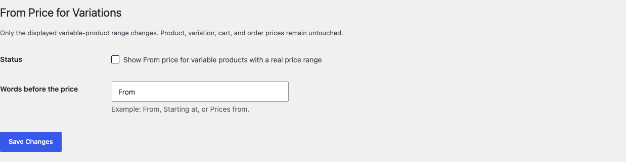 WooCommerce From Price settings showing the enabled switch and words before the price