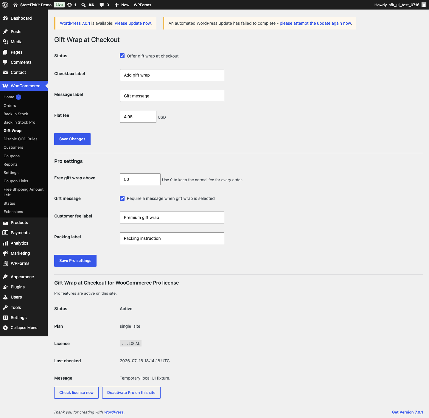 Gift Wrap at Checkout settings with enable control, labels, and flat fee