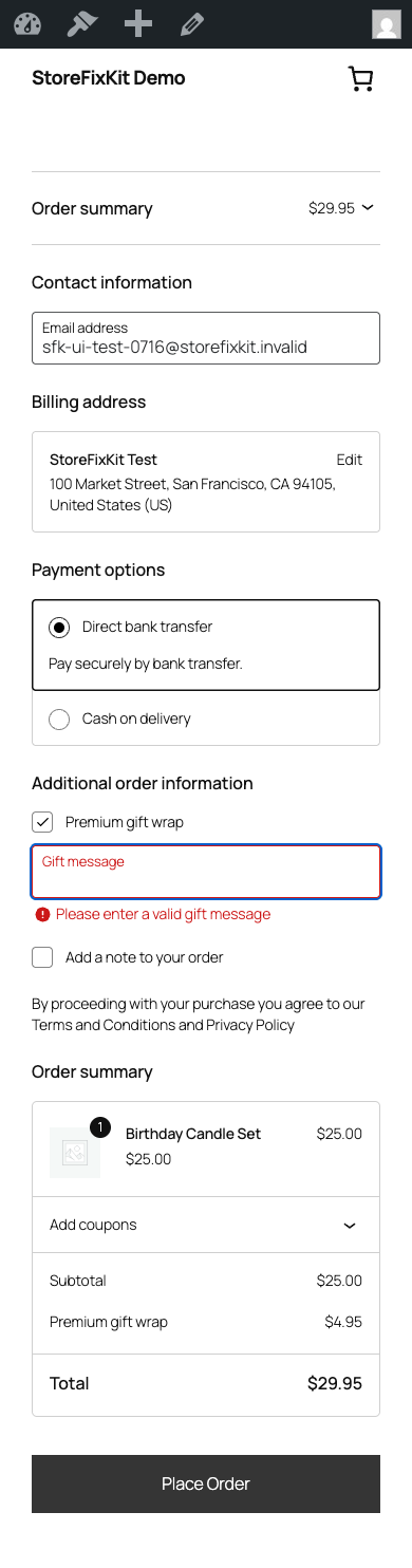 Checkout Block validation requiring a gift message when licensed Pro enables the rule