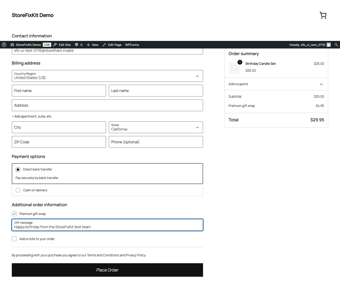 WooCommerce Checkout Block with gift wrap selected, a message, and the refreshed fee