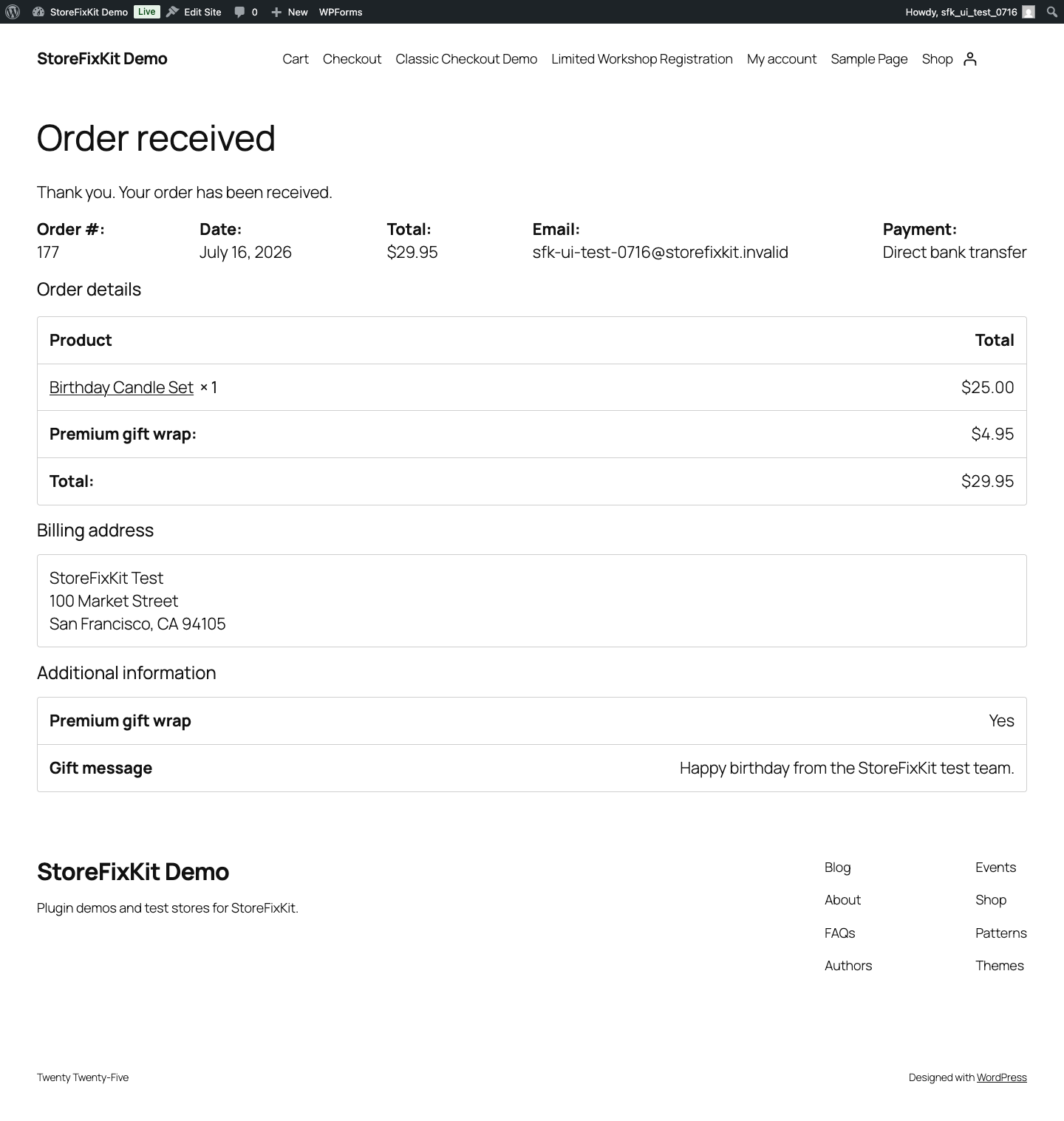 WooCommerce order confirmation showing the gift-wrap choice and message