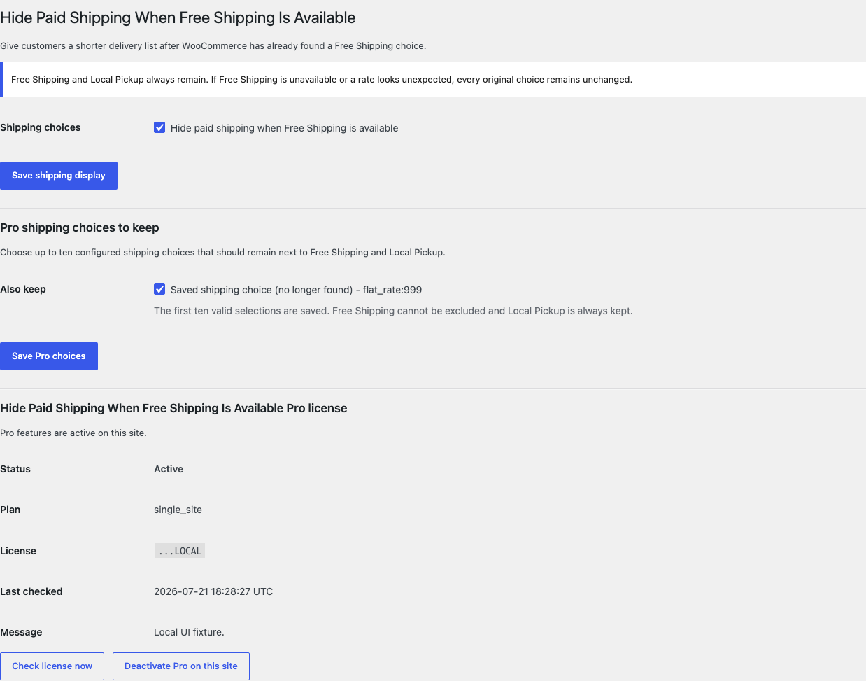 Hide Paid Shipping settings with the Free switch enabled and Pro shipping choices listed by zone and name