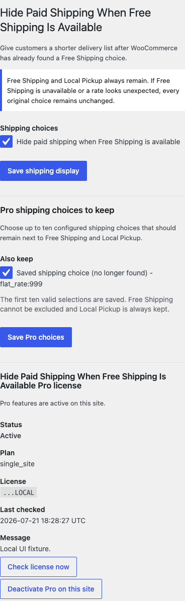 Hide Paid Shipping settings with the Free switch and Pro choices at a mobile viewport