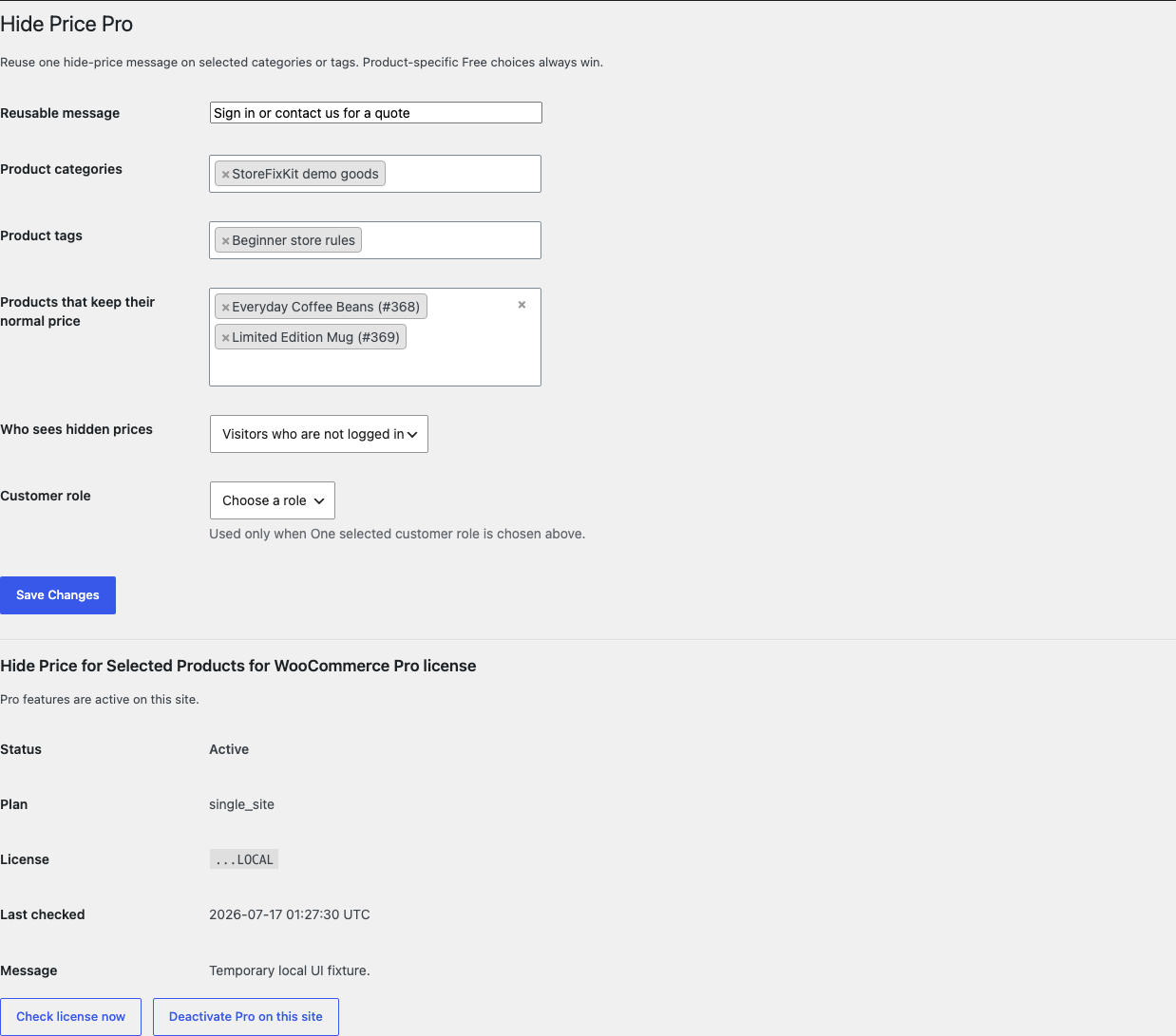 Hide Price Pro settings showing a reusable message, category and tag assignments, product exceptions, and audience selection