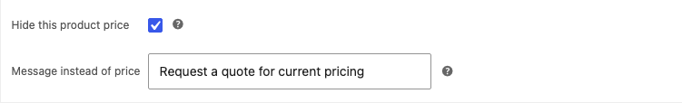 WooCommerce product General panel showing Hide this product price and a replacement message