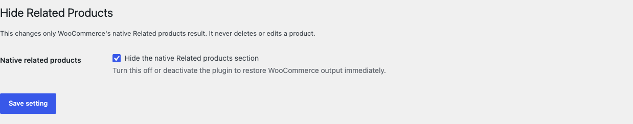 WooCommerce Related Products settings with one checkbox to hide the native section