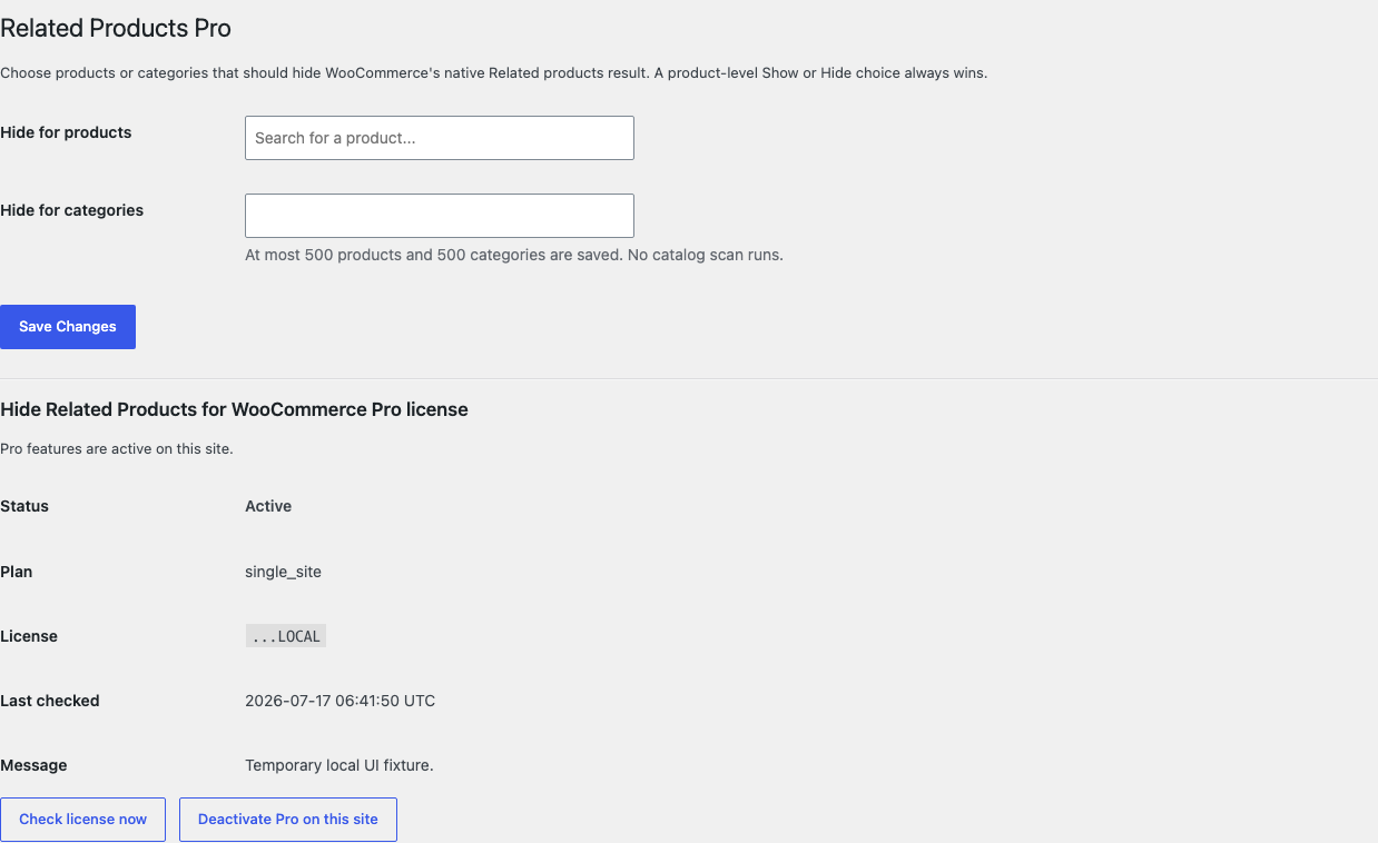 Related Products Pro settings with selected products, selected categories, and active license status