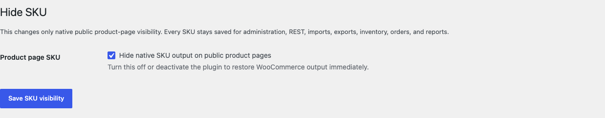 WooCommerce Hide SKU settings with one checkbox for native public product-page output