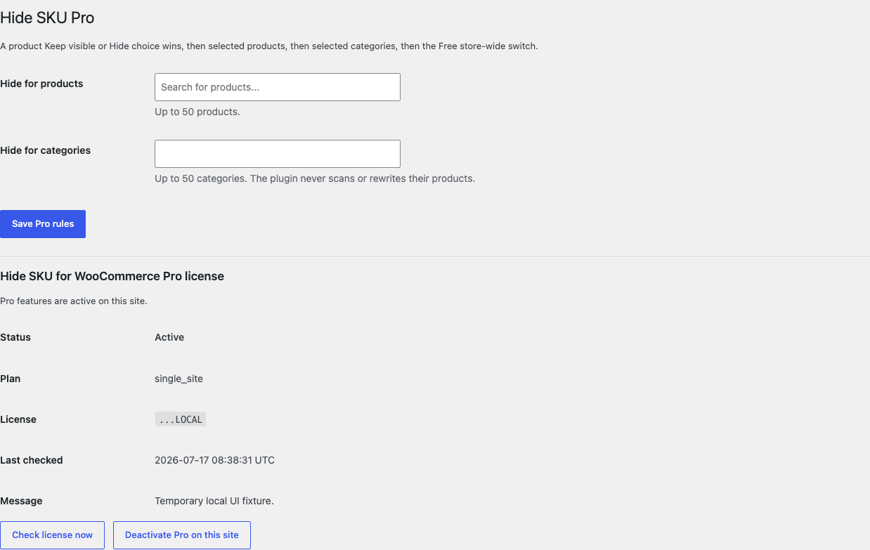 Hide SKU Pro settings with selected products, selected categories, and active license status