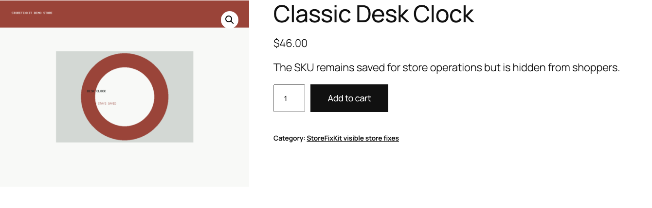 WooCommerce product page with the SKU hidden while product title, price, quantity, and Add to cart remain visible
