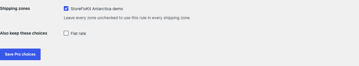 Keep Local Pickup Pro settings with named shipping zone and extra method checkboxes