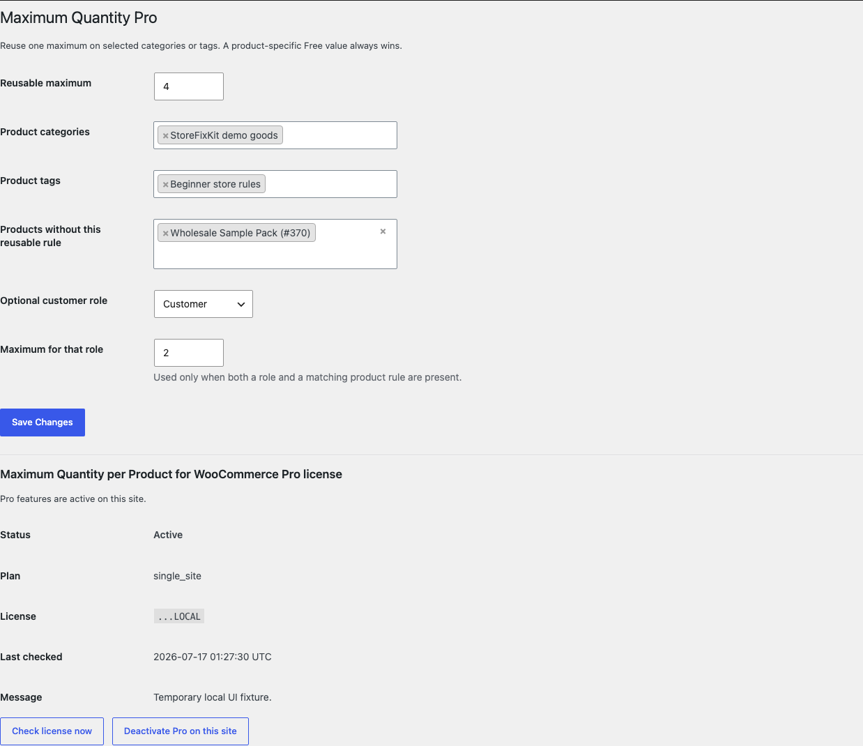 Maximum Quantity Pro settings showing a reusable maximum, category and tag assignments, exceptions, and one customer-role override