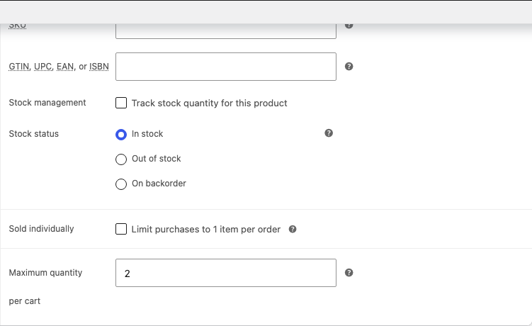 WooCommerce product Inventory panel showing Maximum quantity per cart
