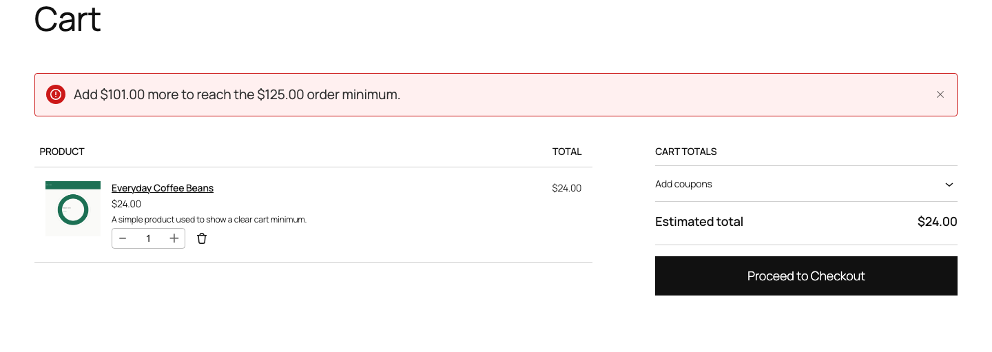 WooCommerce cart showing a minimum order notice and the exact amount still needed