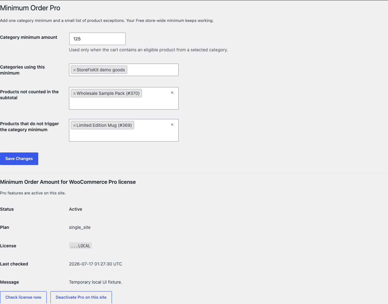 Minimum Order Pro settings showing a category amount, categories, subtotal exclusions, and trigger exceptions