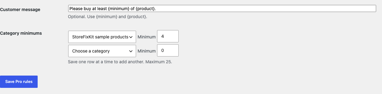 Minimum Quantity Pro settings with a customer message and category minimum rules