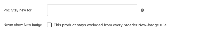WooCommerce product settings with individual New badge days and a Never show New badge checkbox