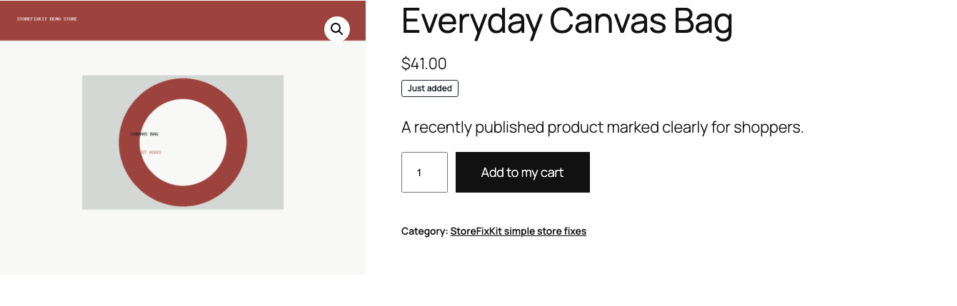 WooCommerce product page showing a small Just added badge above the product summary
