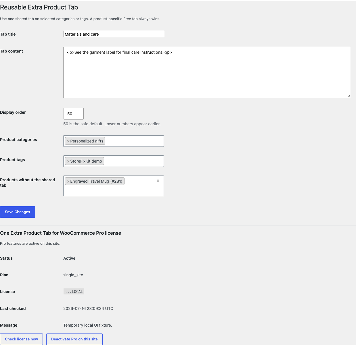 One Extra Product Tab Pro reusable tab, display order, category, tag, and exception settings