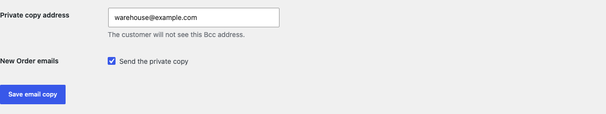 Order Email Copy settings with one private copy address and New Order email copies enabled