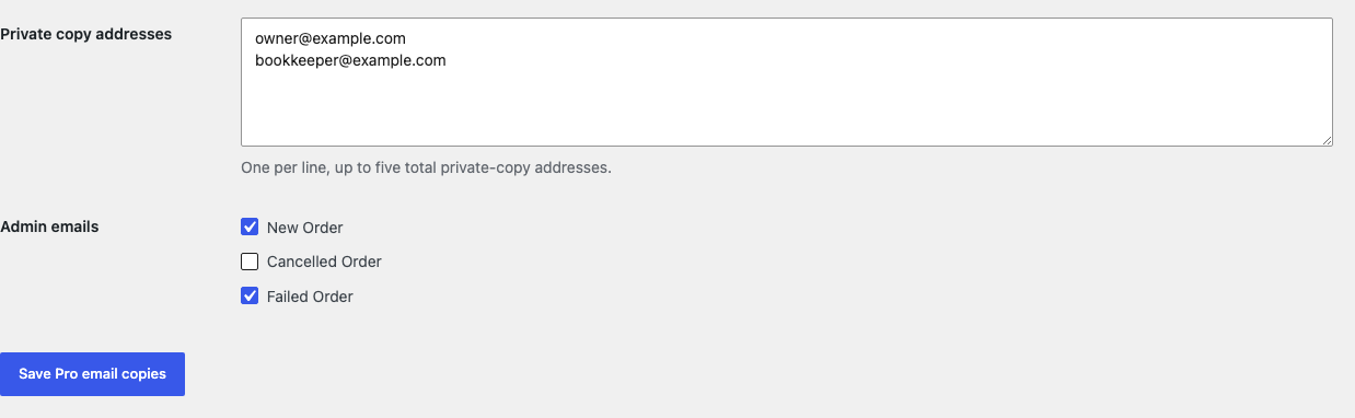 Order Email Copy Pro settings with private addresses and named native WooCommerce admin emails