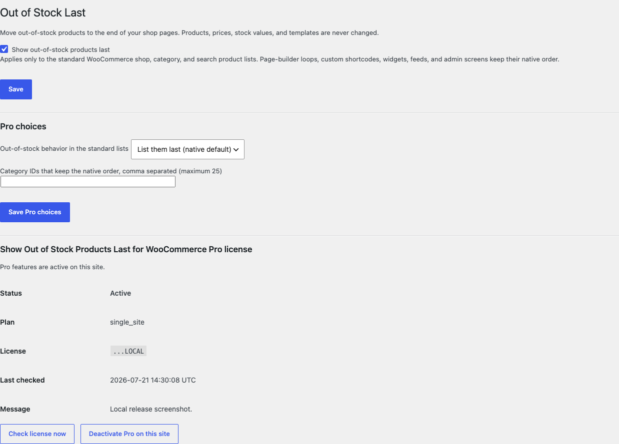 WooCommerce Out of Stock Last settings with the single switch enabled