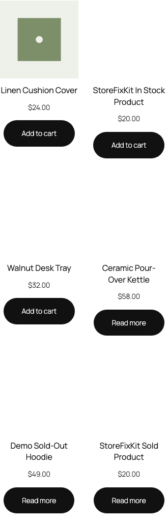 Mobile WooCommerce shop listing in-stock products before an out-of-stock product